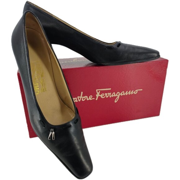 Salvatore Ferragamo Shoes - Vintage Salvatore Ferragamo Classic Black Leather Dress Heels Pump Women 8.5AAAA